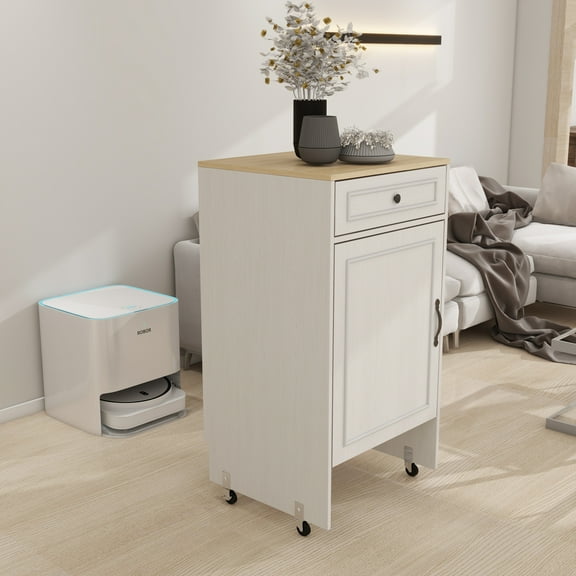 OUFAN Robot Vacuum Stand Cabinet with Wheels, Sweeping Robot Storage Rack with Door & Drawer, End Table Cabinet for Living Room, Kitchen, White