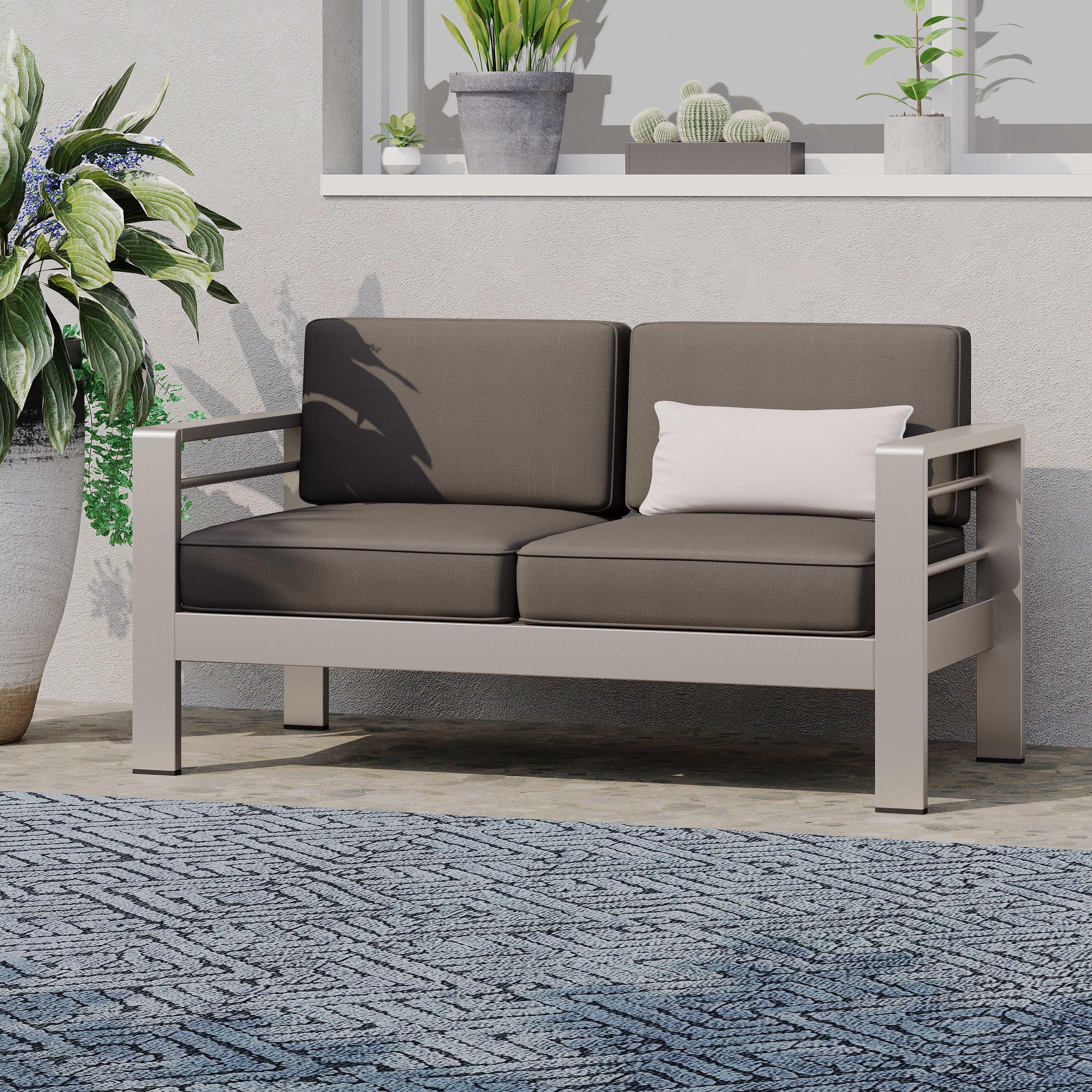 Outdoor Aluminum Frame Double Seat Loveseat, Lightweight Leisure Sofa for Patio Garden, Gray