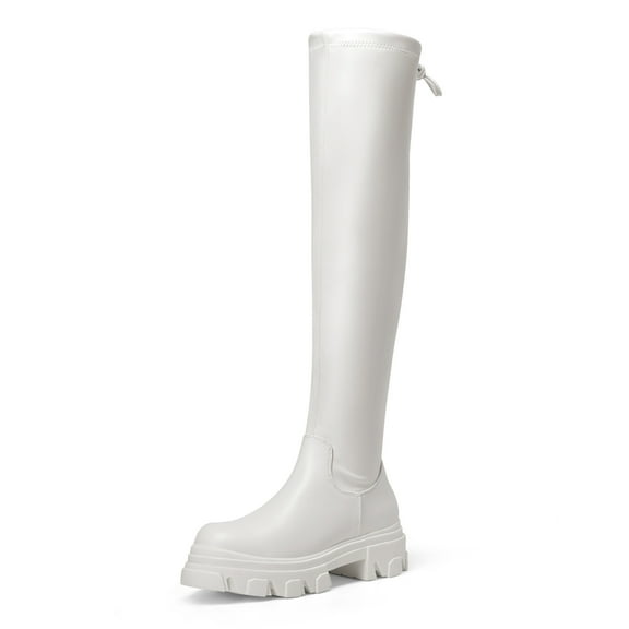 Dream Pairs Women's Over The Knee Patform Thigh High Boots Long Stretch Soft Chunky Lug Sole Fall Boots SDOB222W WHITE/PU Size 8