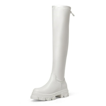 

Dream Pairs Women s Over The Knee Patform Thigh High Boots Long Stretch Soft Chunky Lug Sole Fall Boots SDOB222W WHITE/PU Size 9.5