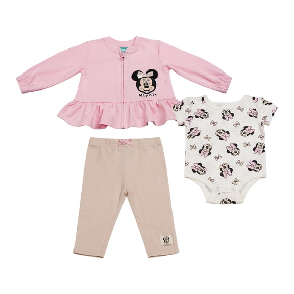 Disney Clothes Baby Girls Jacket Layette Set – Minnie Mouse Newborn Outfit Set with Short Sleeve Bodysuit, Pants & Ruffle Hem Jacket (0M–6/9M)