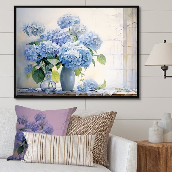 Designart "Farmhouse Still Life With Blue Hydrangea" Hydrangea Floater Framed Canvas Wall Art
