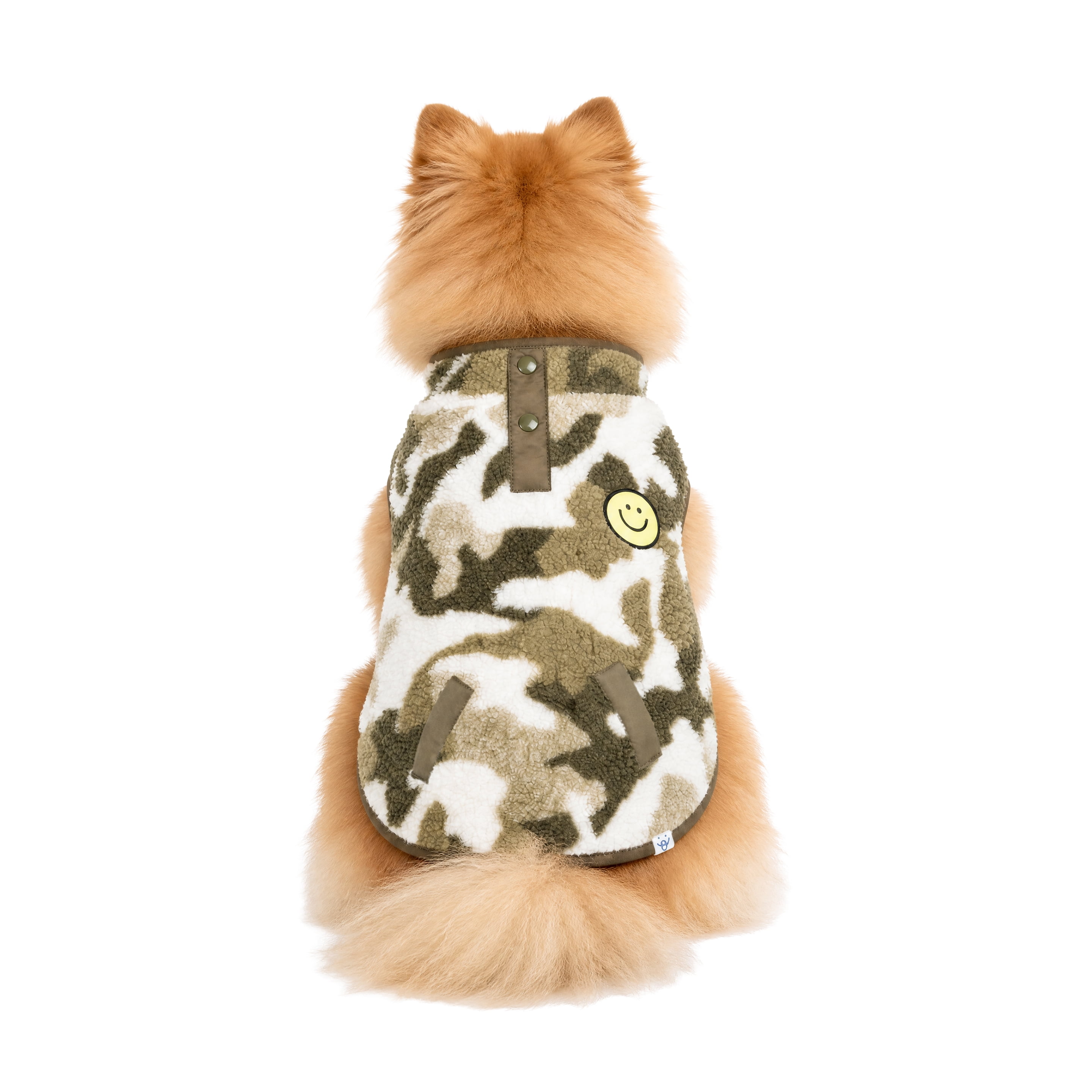 Oodles Smiley Face Fall Camo Sherpa Dog Jacket, Green, Small