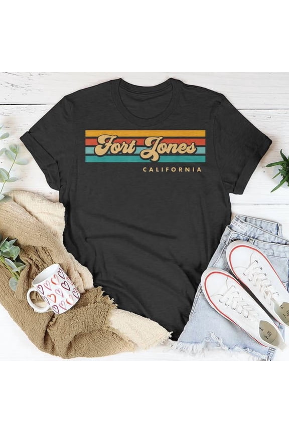 Vintage Sunset Stripes Graphic Tee Fort Jones California Theme Unisex Adult Cotton T Shirt for City Pride and Casual Wear, Size S, Color Black