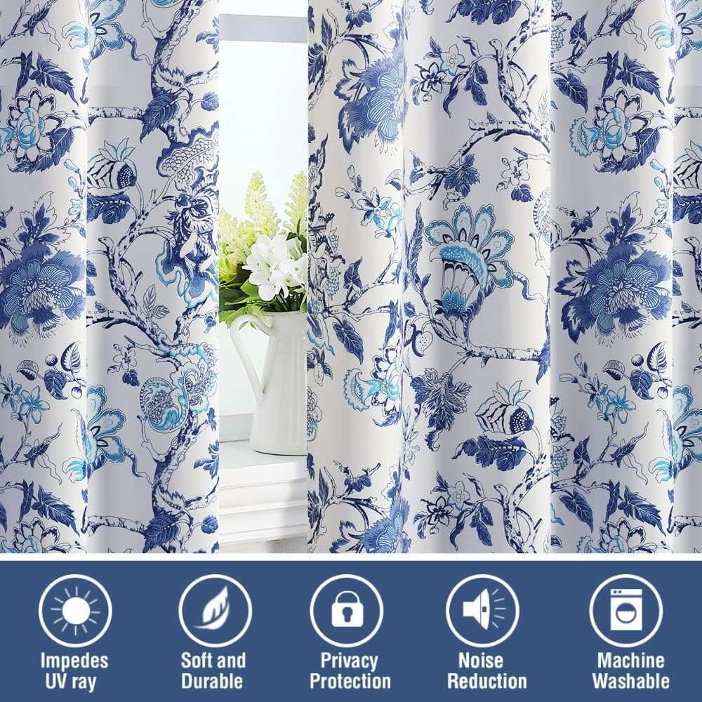 Turquoize Blackout Curtains 2 Panels Floral Print Thermal Insulated Grommet for Living Room(52"x 63",Blue White)