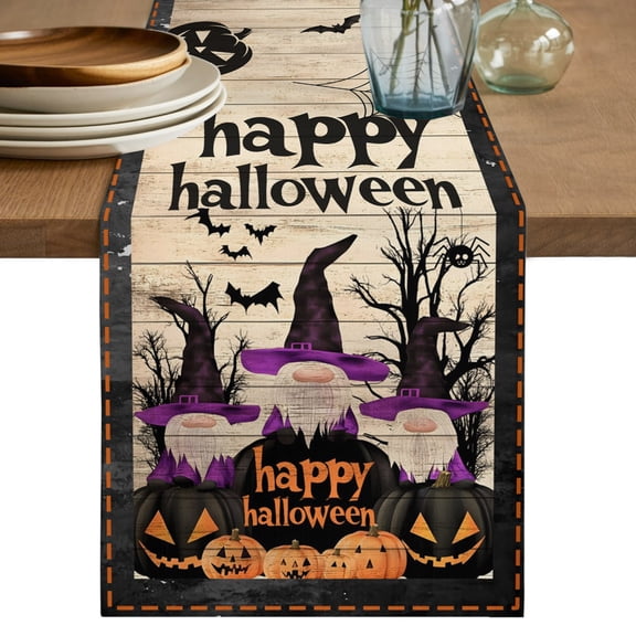 Table Runners 70 Inches Long Dress Scarves, Black Pumpkins Halloween Farmhouse Coffee/Dining/Kitchen Table Decor, Holiday Table Runner, Purple Gnomes Beige Wooden 13x70 Inch