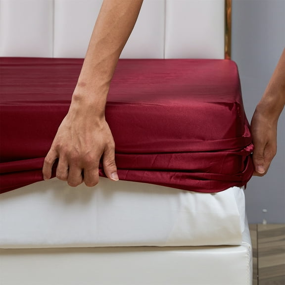 ANMINY Fitted Sheet Deep Pocket Bed Sheet Satin Silk Sheets Ultra Soft Machine Washable Full, Burgundy