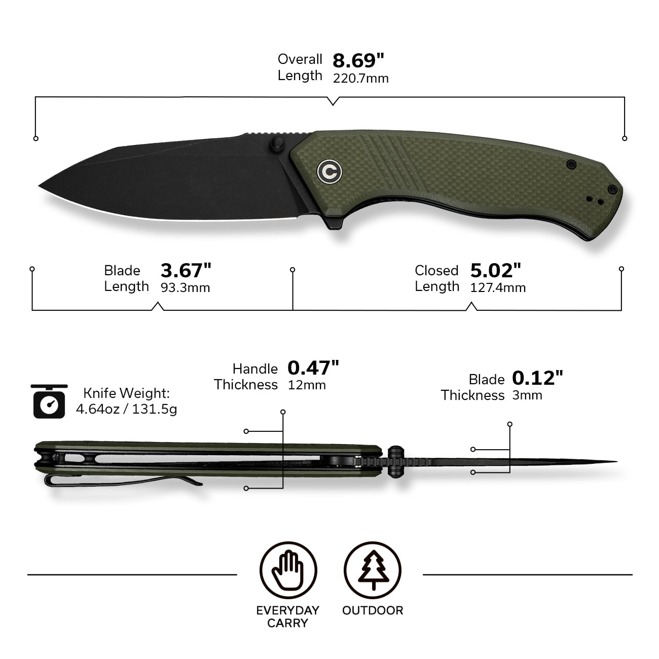 CIVIVI Placoid Pocket Knife, Folding Knife with 3.67" 14C28N Blade G-10 Handle C23079-3