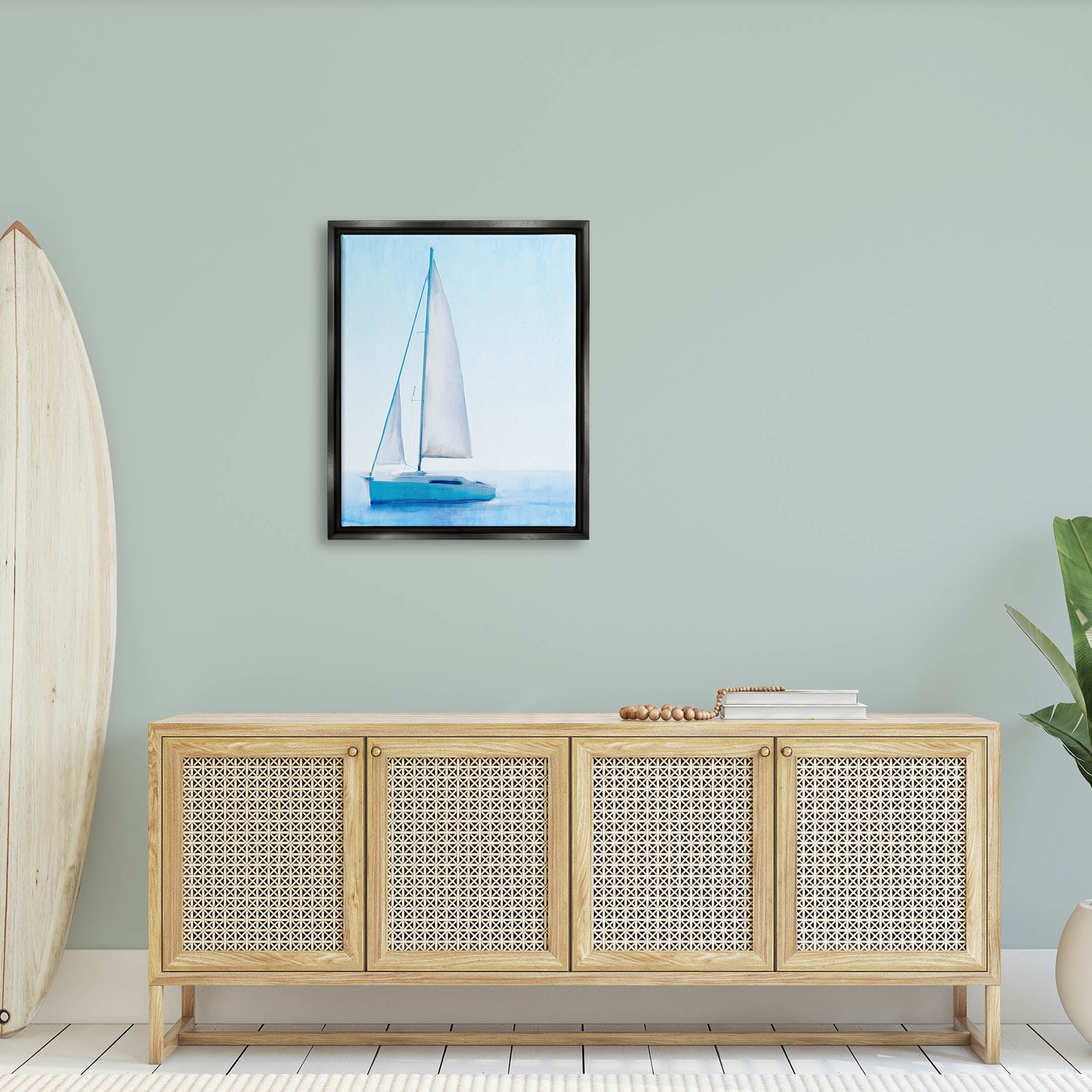Stupell Industries Sailboat Drifting Blue Ocean Sky Graphic Art Jet Black Floating Framed Canvas Print Wall Art, Design by Kim Allen