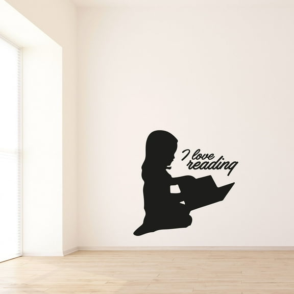 I Love Reading - Quotes Cute Little Girl Reading Silhouette Book Read Vinyl Wall Art Sticker Decal Home Library Area Reading Corner Boys Girls Kids Wall Décoration Design Décor Decal Size (10x8 inch)