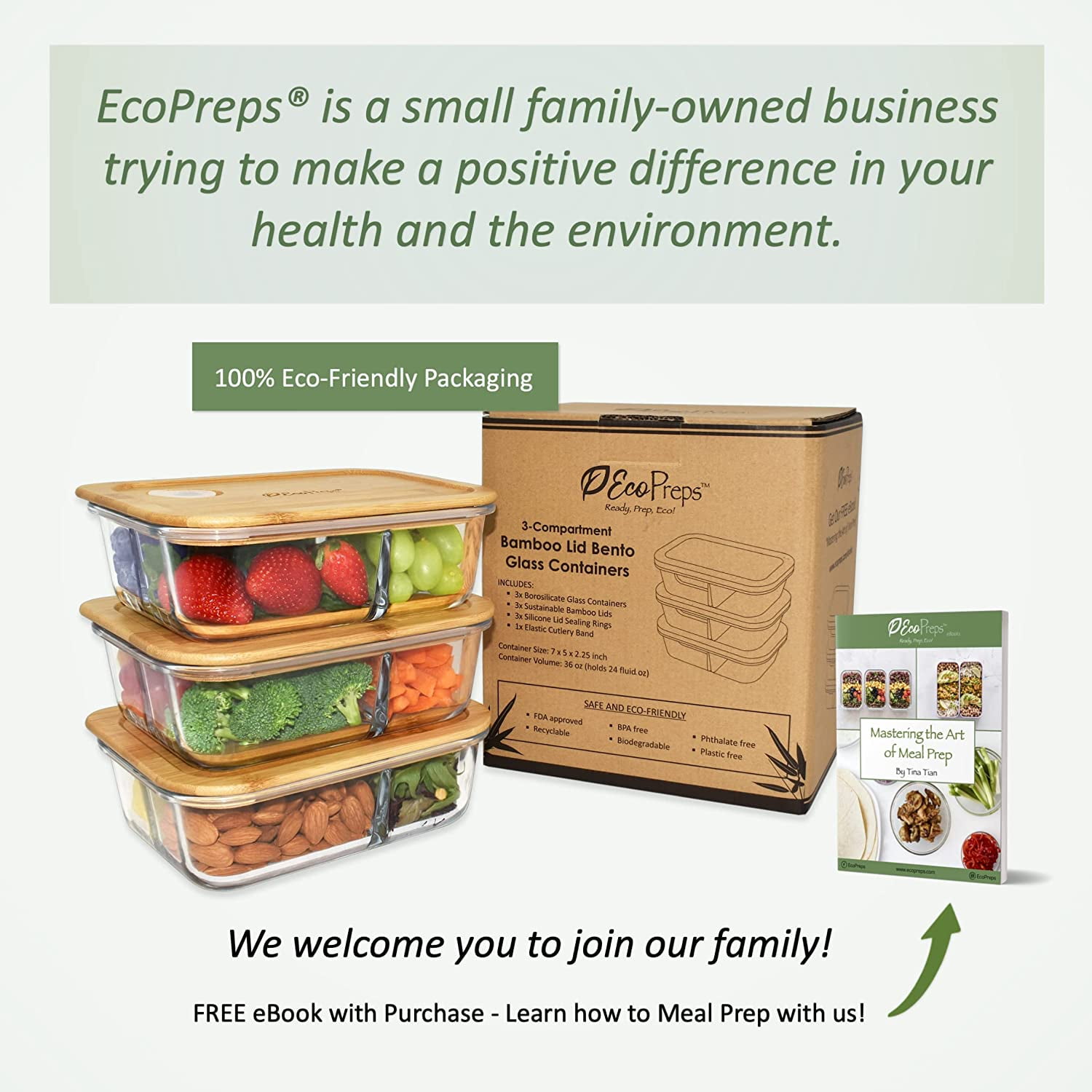 Glass Bento Box Containers with Bamboo Lids, 3 Compartment Set