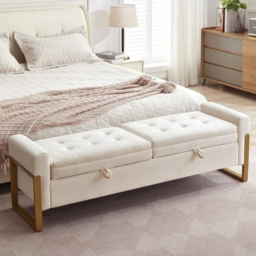 Aemeios 67" Velvet Storage Bench for Bedroom End of Bed with Double Lids Storage and Gold Legs, Cream