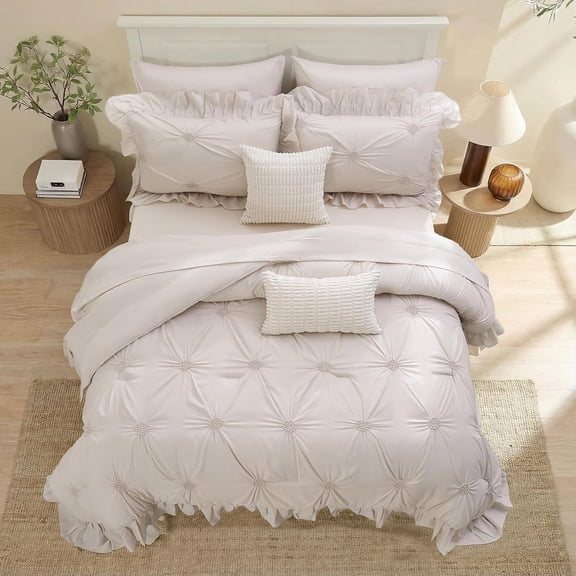 Pintuck  Ruffle Comforter Set Queen Size 9 Pcs, Pinch Pleat Bedding Set King, Boho Comforter Bed Set, Microfiber Soft Exquisite Ruffle Quilted Duvet Setfor All Seasons 1 Comforter 4 Pillowcases 1 Fla