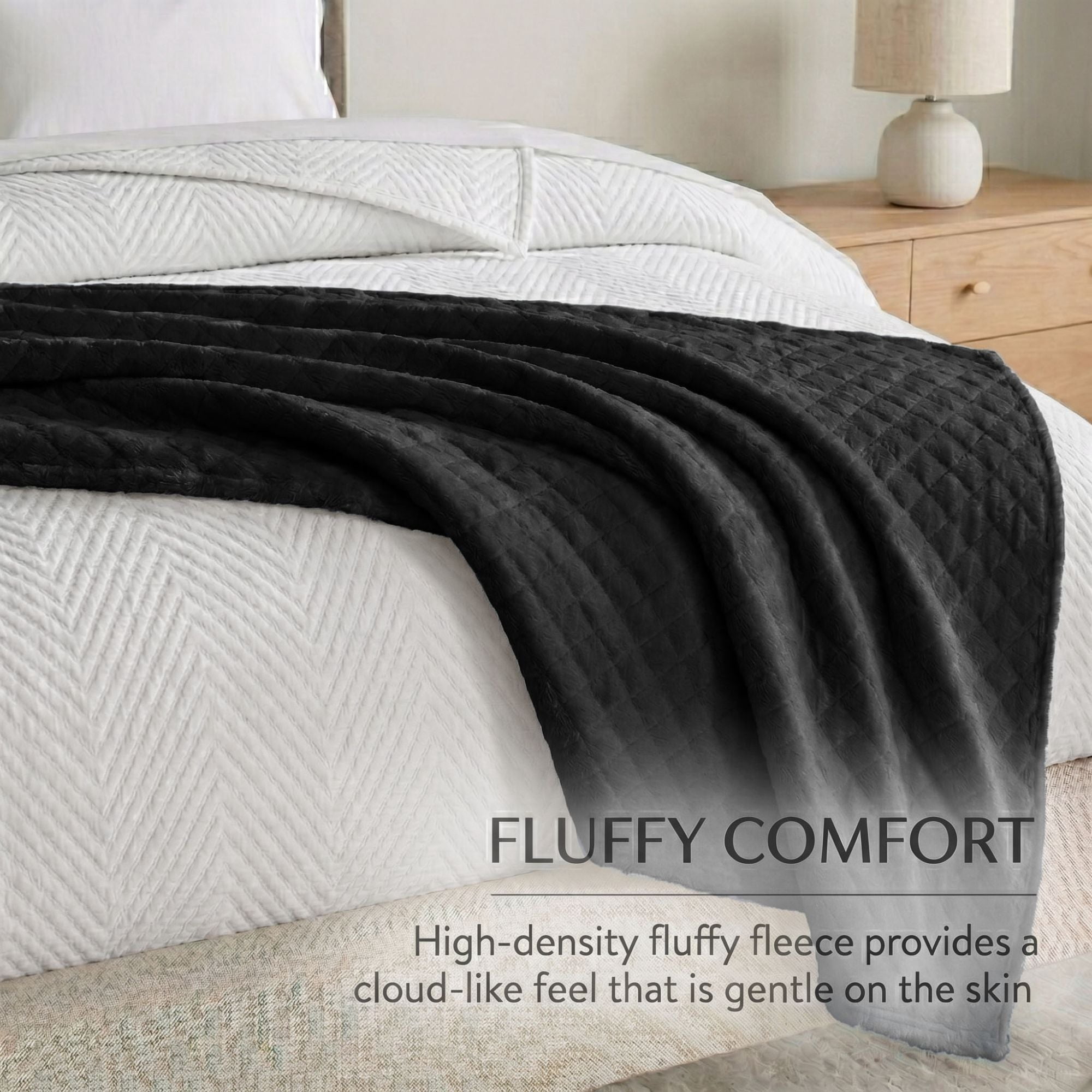 Superior Holly Grid Fluffy Fleece Blanket, King Size, Black