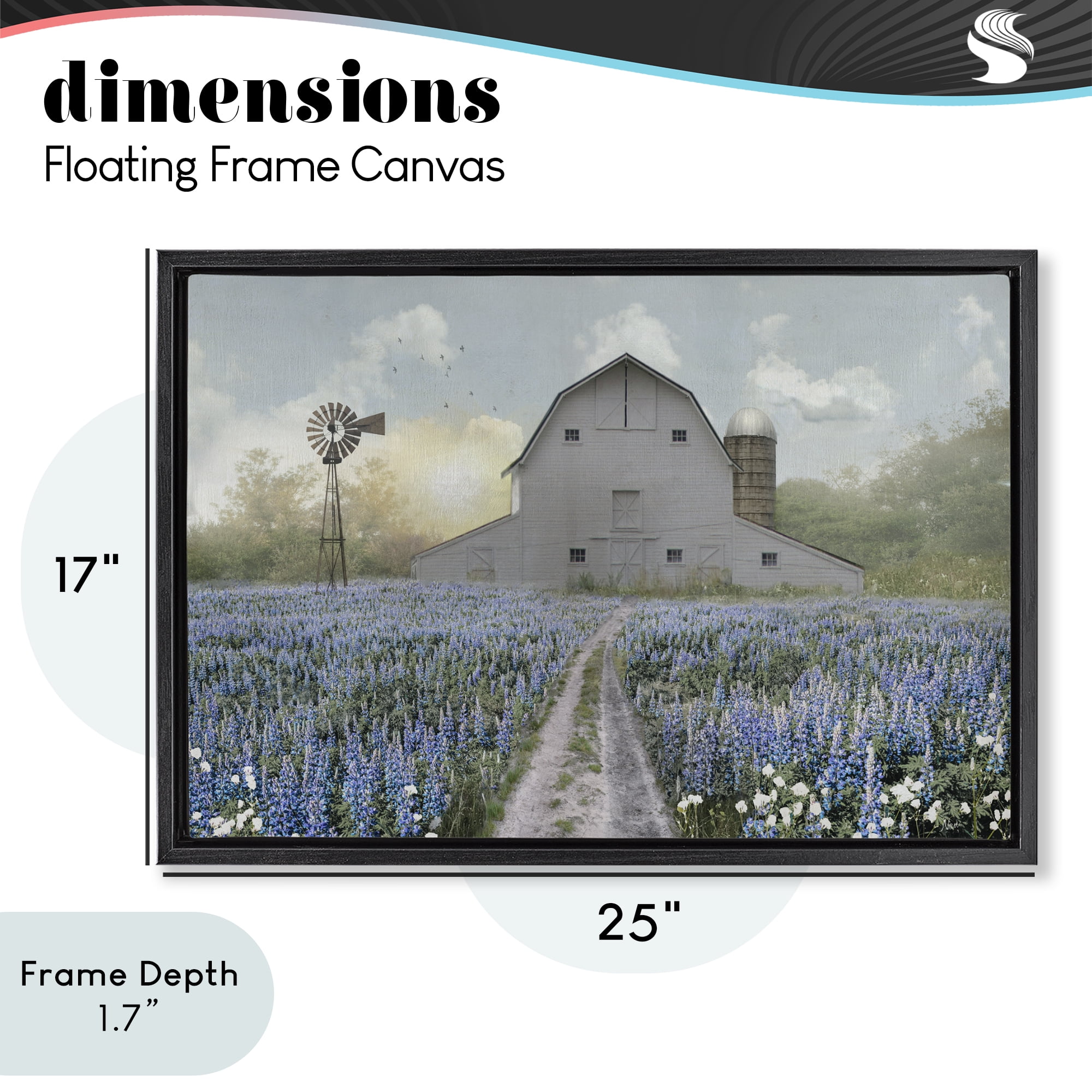 Stupell Industries Meadow of Blue Flowers & Barn Black Framed Floater Canvas Wall Art, design by Nan