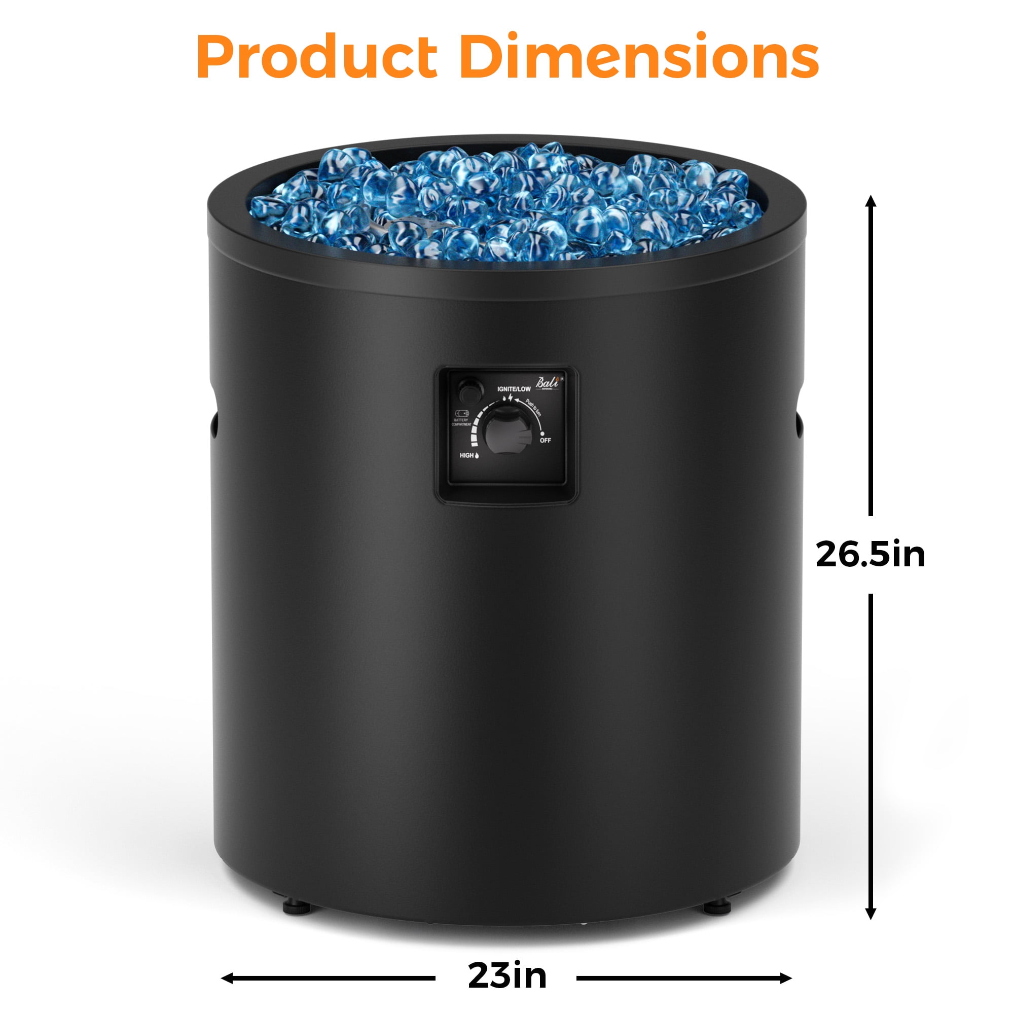 BALI OUTDOORS 23" Gas Fire Pit Propane Fire Column, 50,000BTU Round Propane Fire Pit Table with Glass Stones