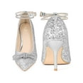 thumbnail image 2 of BLISSFUL STEP Women's Shoes Glitter Stiletto High Heels Pointed Toe Rhinestone Bow Ankle Strap Pumps Silver 9.5, 2 of 7