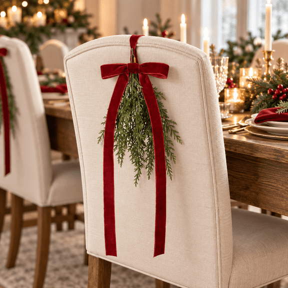Vallivelle 15.7" Christmas Hanging Greenery Swag - Artificial Cedar Ornament with Red Velvet Bow & Long Ribbon Tails - Christmas Decorations Indoor Outdoor, Chair, Window & Christmas Tree Décor