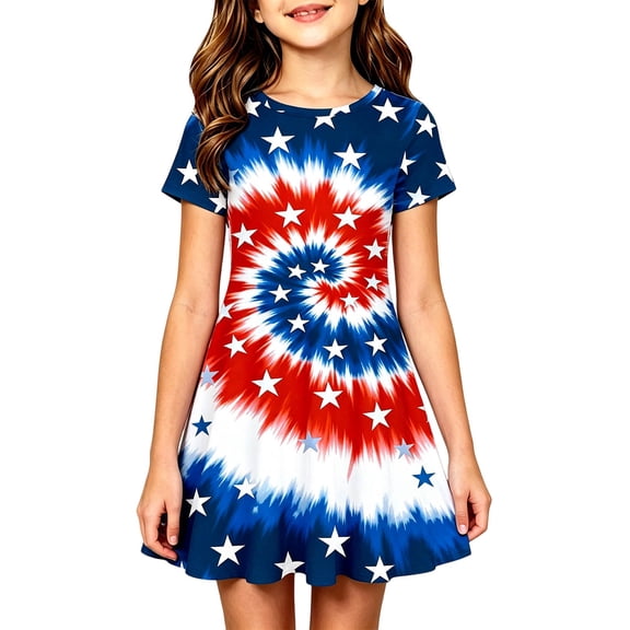 Bainana July 4Th Dress For Girls Short Sleeve Red White And Blue Dresses USA Independence Day Patriotic Dress For Toddler And Tweens 8-9 Years Blue