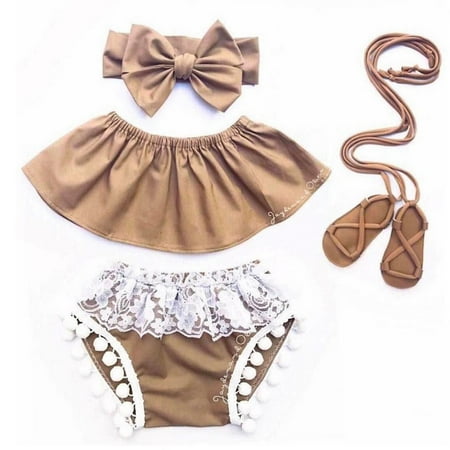 

Newborn Baby Girls Princess Romper Top+Bow Knot Headband+Shorts 3pcs Outfits Set
