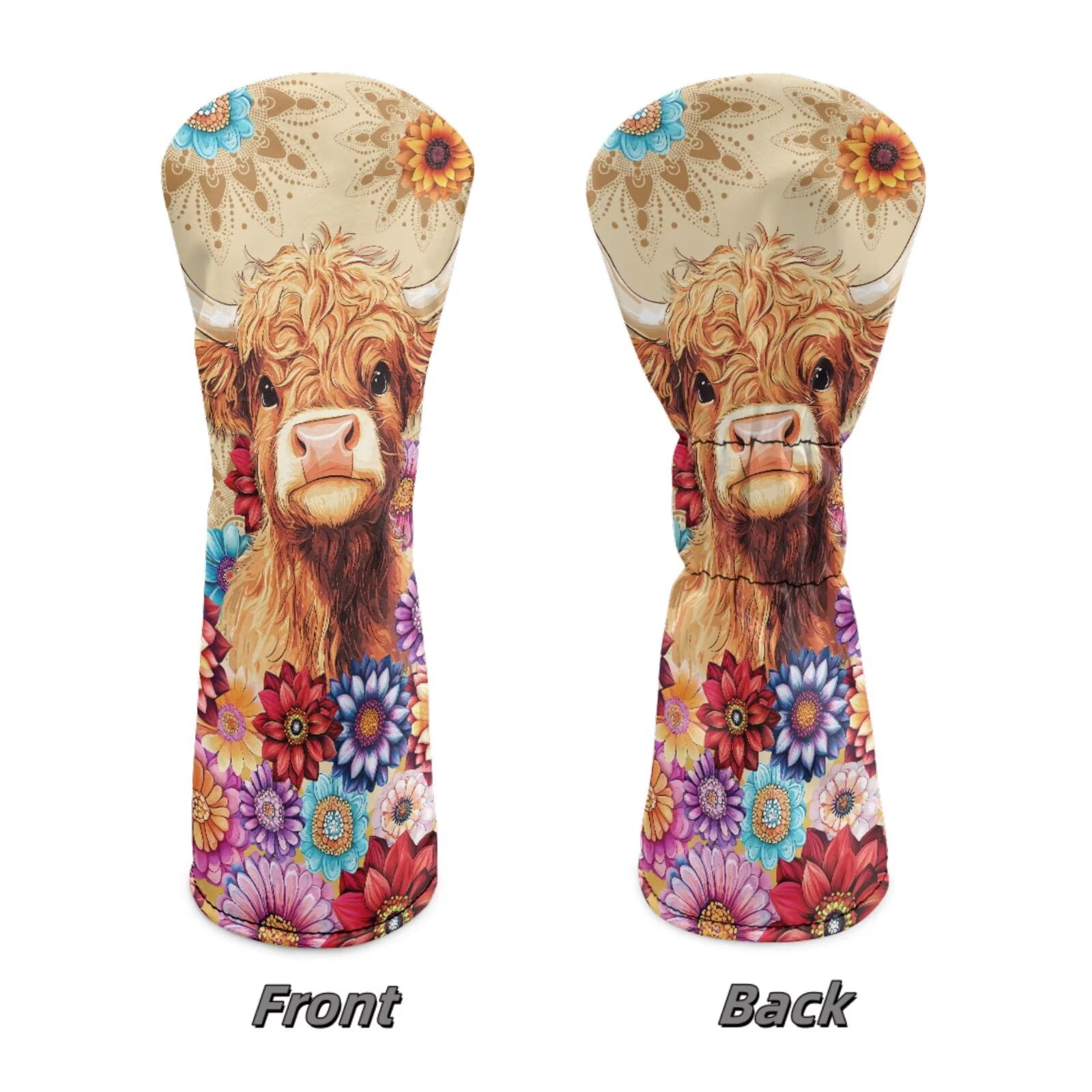 Uorisanigo Golf Club Head Covers Set - PU Leather Boho Floral Highland Cow Golf Club Covers for Driver, Woods and Hybrid, Premium Lightweight Head Cover with Anti-Scratch Protection