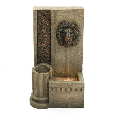 LuxenHome Sandstone Resin Regal Lion Head Outdoor Water Fountain with Lights