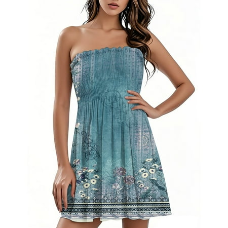 OAMDNDEA Vacation Dresses for Women 2025 Sleeveless Floral Print Beach Coverups Summer Strapless Boho Dress Plus Size Cute Off the Shoulder Dresses Beach Vacation Clothes Gray 2XL