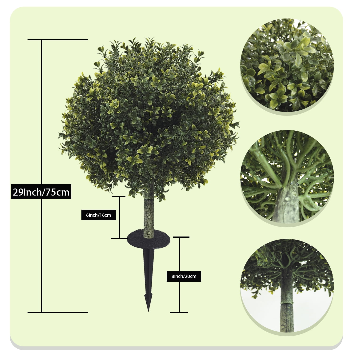 29 Inch Artificial Boxwood Topiary Tree with Ground Spike, Set of 2 Artificial Shrub Bushes, Fake Evergreen Tree for Porch, UV Resistant Artificial Plants for Indoor & Outdoor Planters