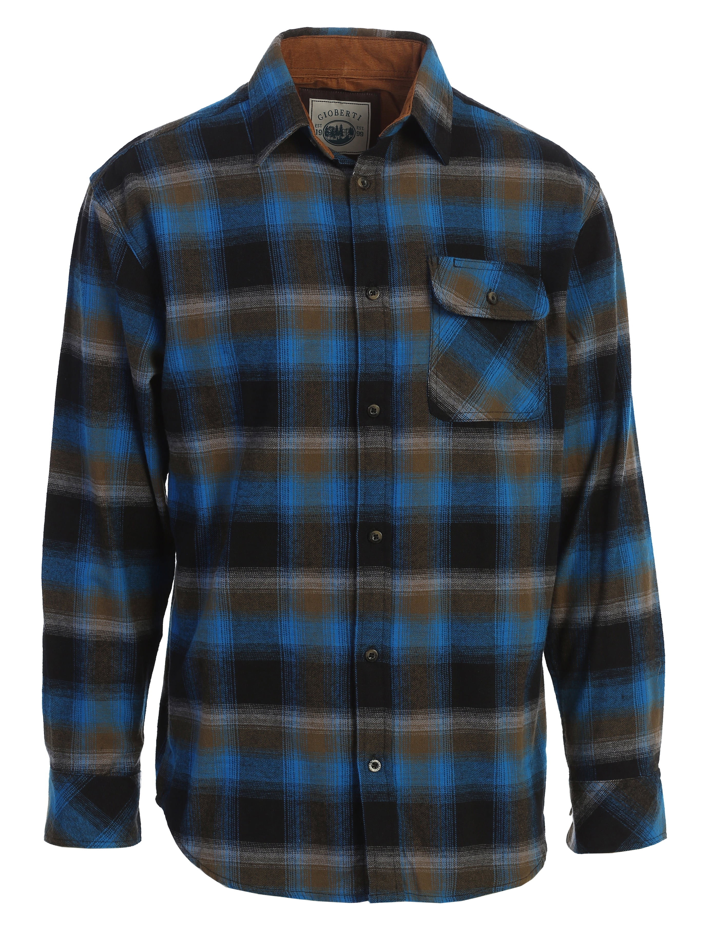 Gioberti Mens Long Sleeve Brushed Flannel Plaid Checkered Shirt with Corduroy Contrast