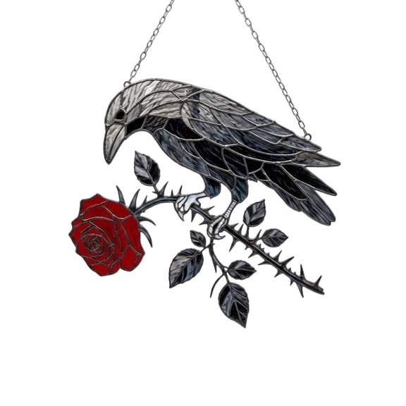 Orangide Gothic Window Hanging Acrylic Suncatcher Black Bird Red Rose Stained Glass Style Decor for Garden Yard Wall Art Gift