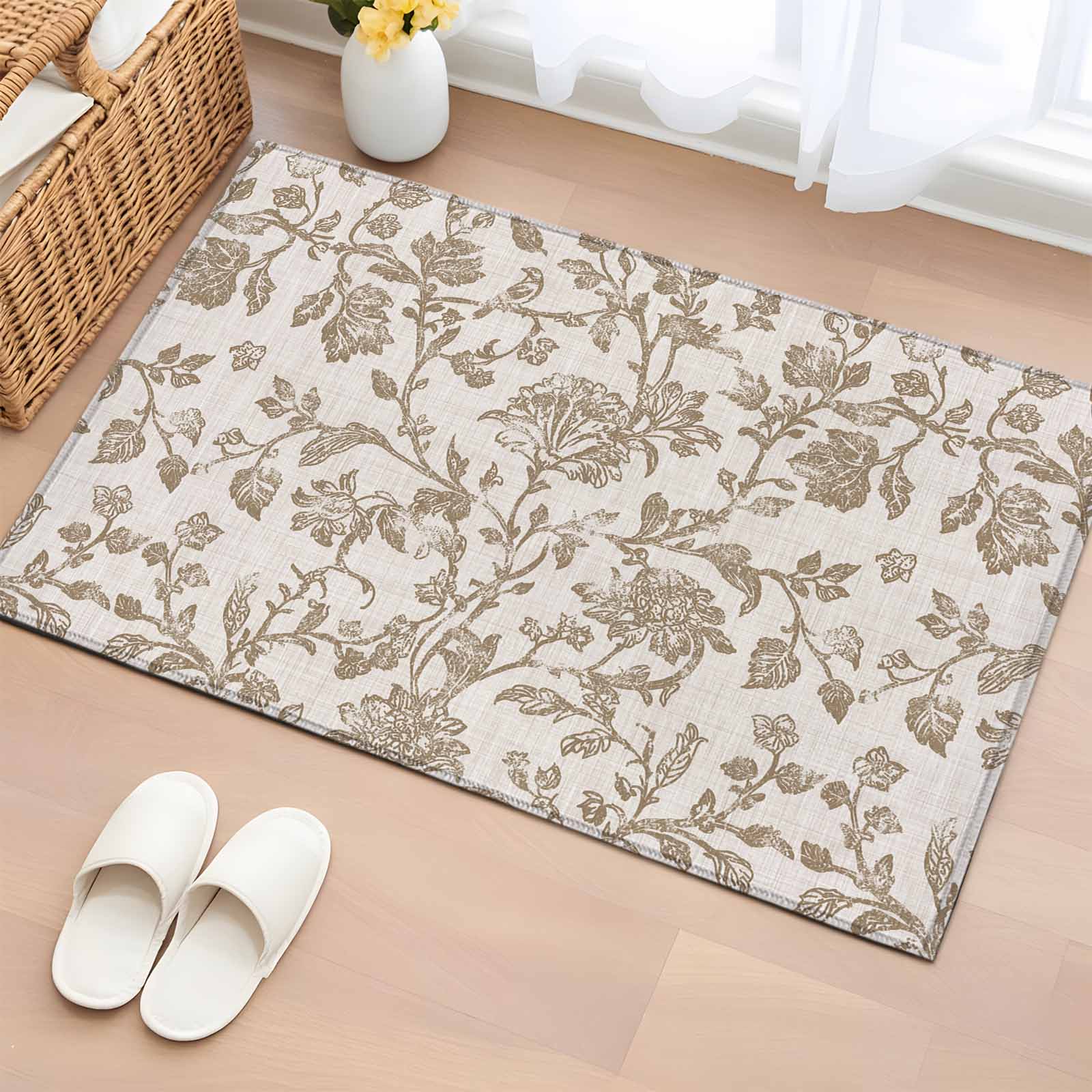 Farmhouse Khaki Bathroom Mat 2x3 FT, Non Slip Small Kitchen Mat, Vintage Flower Leaf Botanical Plant Washable Soft Backed Front Door Throw Rug Non-Shedding Indoor Outdoor Doormat for Entryway Sink