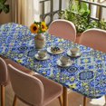 thumbnail image 3 of Vintage Boho Table Cloths for 8 Foot Rectangle Tables, Middle Century Bohemia Style Patchwork Blue Patio Waterproof Elastic Fitted Tablecloths, Washable Rectangular Table Cover for Camping, 3 of 8