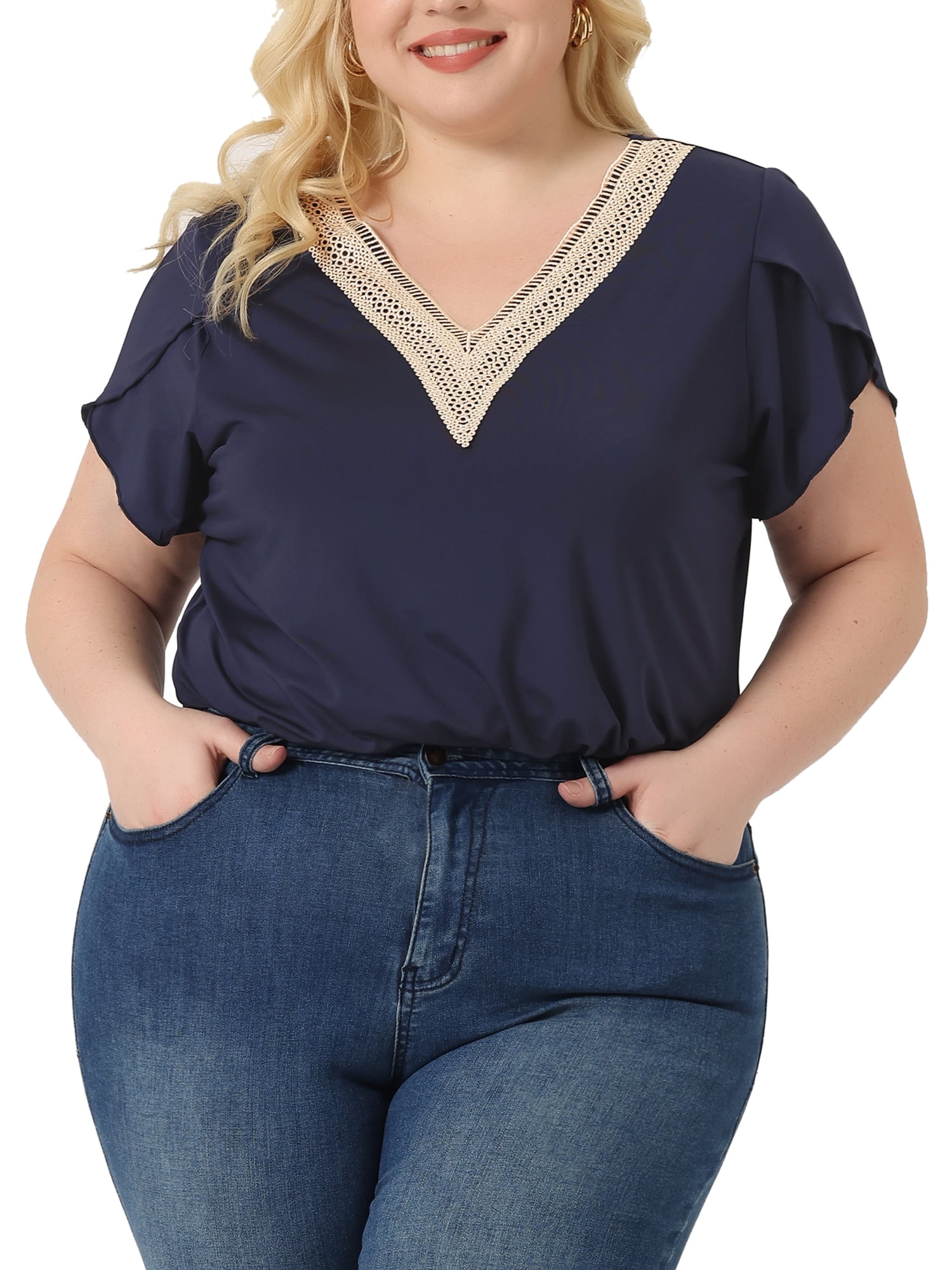 Unique Bargains Women Plus Size Casual Lace V Neck Short Sleeve Tunics Blouses Navy Blue 4X