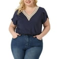 thumbnail image 2 of Unique Bargains Women Plus Size Casual Lace V Neck Short Sleeve Tunics Blouses Navy Blue 1X, 2 of 6