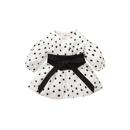 

Nokpsedcb Toddlers Girls Long Sleeve Skirt Wave Points Pattern Knotted Bowknot Waistband A-Line Dress White 1-2 Years