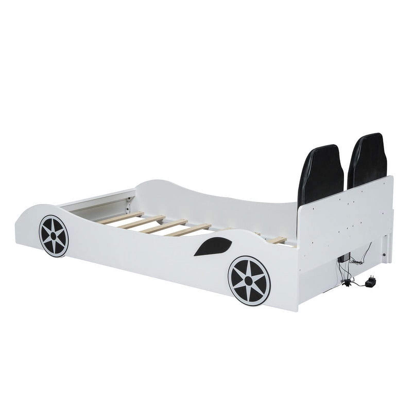 Bellemave Race Car Bed with LED Lights, Twin Size Bed Frame for Boys Kids Toddler Bed, Wooden Platform Racing Car Bed with Upholstered Backrest Headboard, No Box Spring Needed（White)