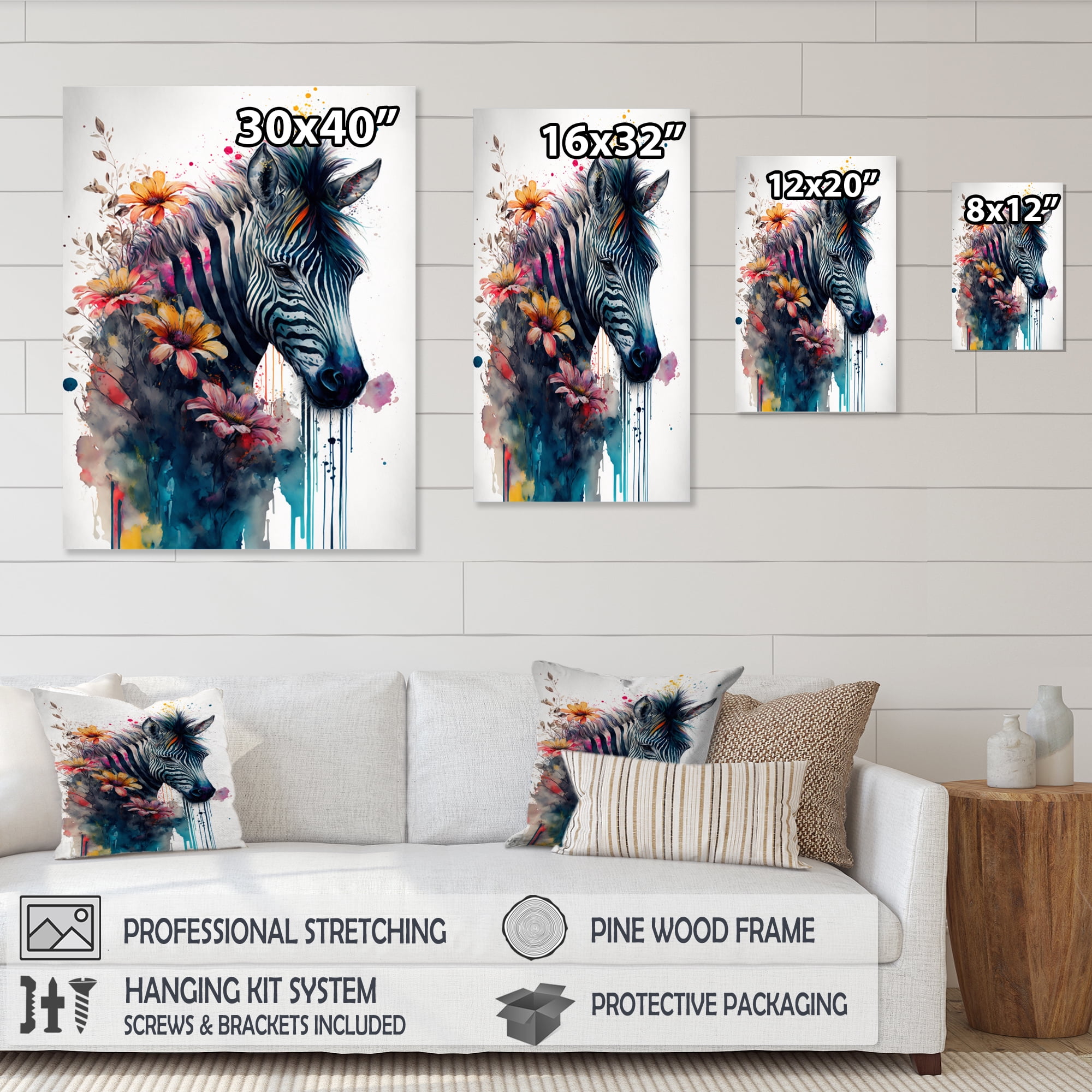 Designart Cute Zebra Floral Art Canvas Wall Art