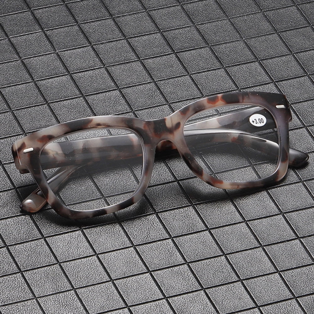 4 Pairs of Thick Oversize Square Reading Glasses for Women and Men, Blue Light Blocking Gray Tortoiseshell Spring Hinge Readers +4.00