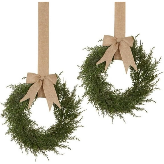 2 Pcs 12" Mini Christmas Wreaths for Front Door Xmas Greenery Cedar Wreath with Burlap Ribbon for Cabinet Wedding Window Home Wall Indoor Decor (Green)