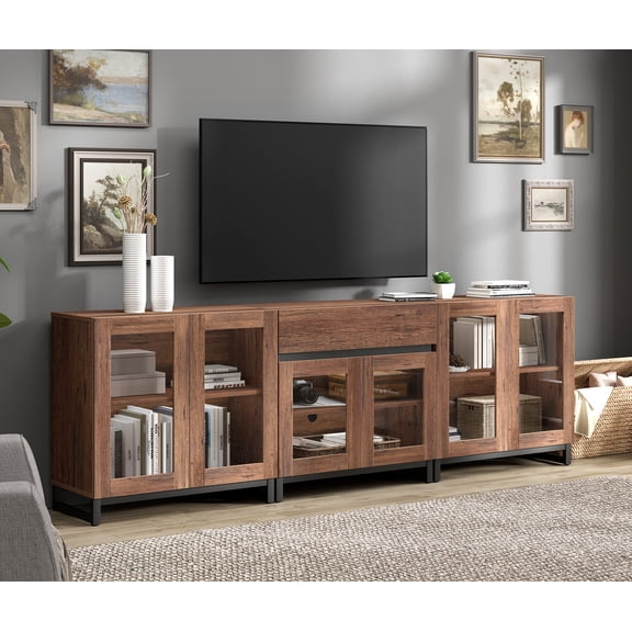 WAMPAT 3 in 1 TV Stand for TVs up to 100 inch, Modern Entertainment Center with Glass Doors and Drawer, TV Console with Adjustable Shelf for Living Room, Bedroom, Brown
