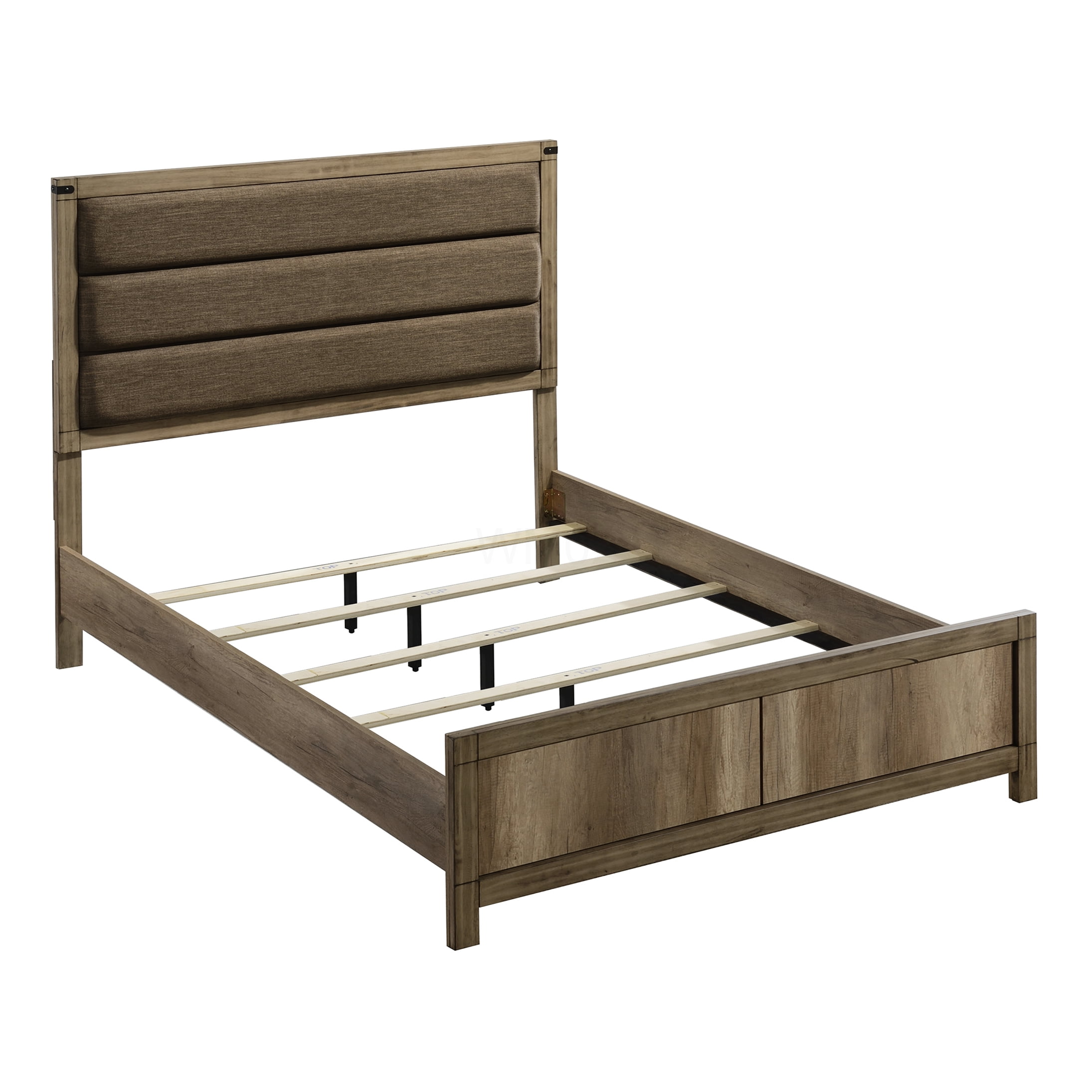 Modern Queen Bed Frame with Upholstered Headboard, Low Profile Platform Bed, Weathered Gray Wood Finish, No Box Spring Needed