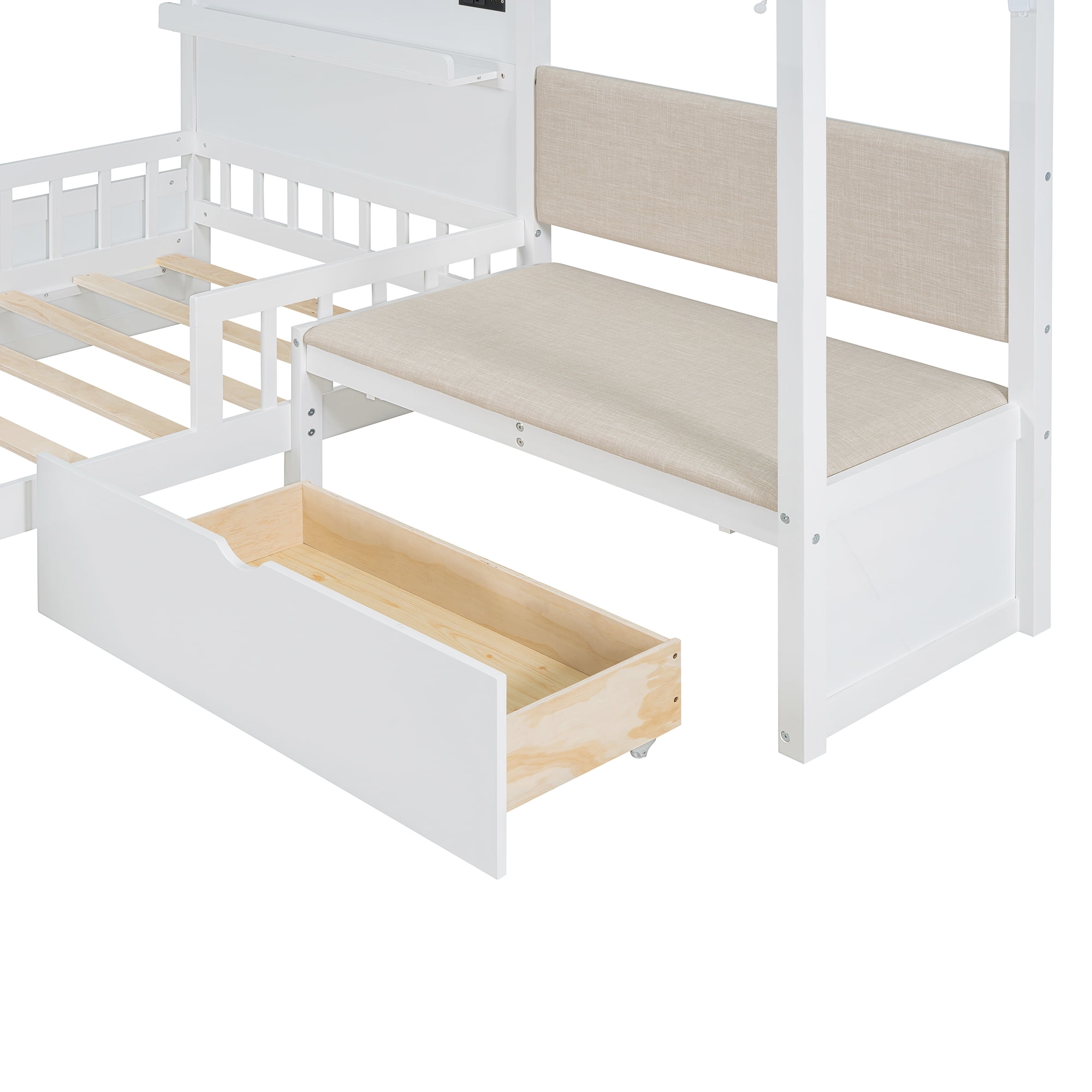 Kumix Platform Bed with Upholstered Sofa, Twin Size Platform Bed with Charging Station, Wireless Charging, Shelves and Two Drawers for Teens Adults, Wooden House Bed for Bedroom, White