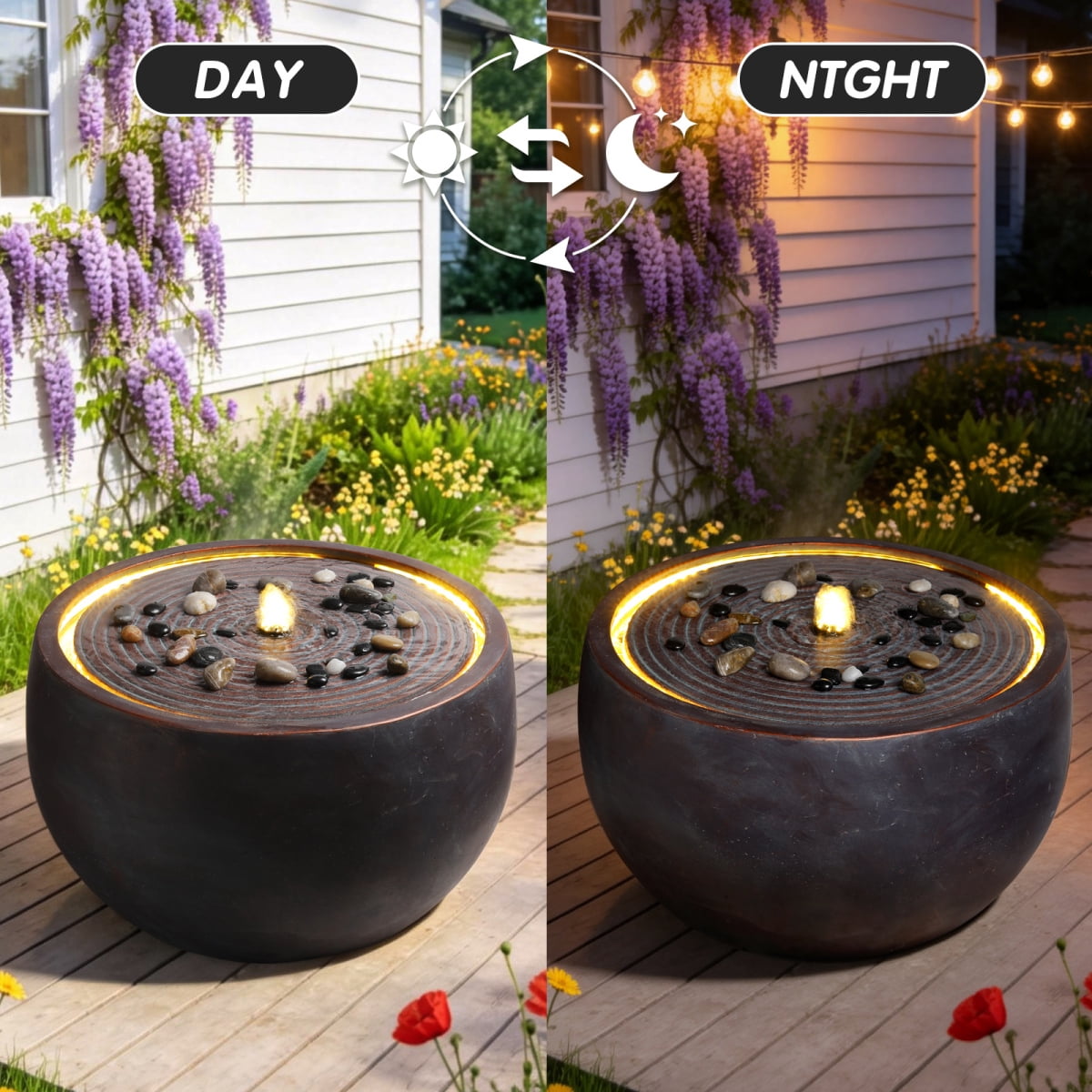 19.3" Modern Zen Bowl Water Fountain with Warm LED Light, Large Outdoor Patio Water Feature, Weather-Resistant Dark Stone-Look Fountain with Calming Water Flow for Backyard, Garden & Home Decor