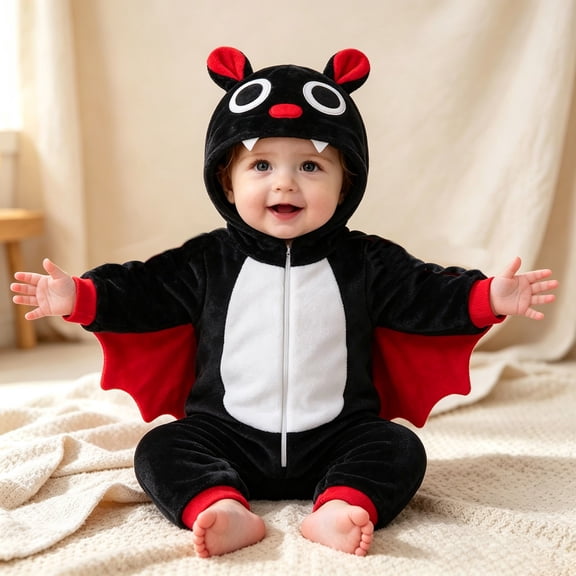 FASHOFT Baby Boy Halloween Outfit Cute Bat Style Zip Up Long Sleeve Romper Cosplay Jumpsuit For Baby Halloween Party Wear Baby Halloween Black 1-3 m