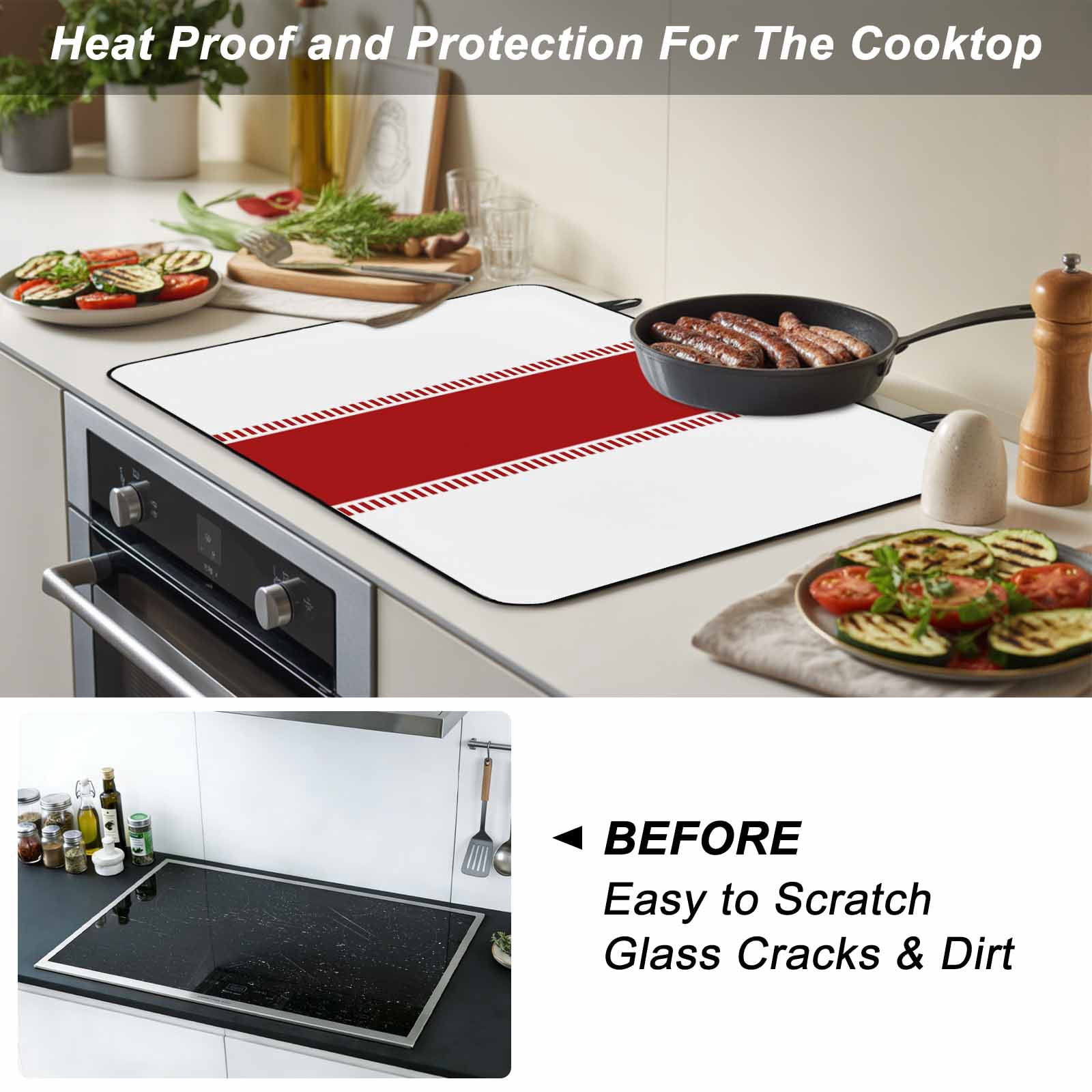 Red Solid Color Texture Stove Top Cover for Electric Stove, Heat-proof & Non Slip Glass Top Stove Cover Protector, Simple Red Stripes Kitchen Flat Cooktop Rubber Mat 36x21 Inches