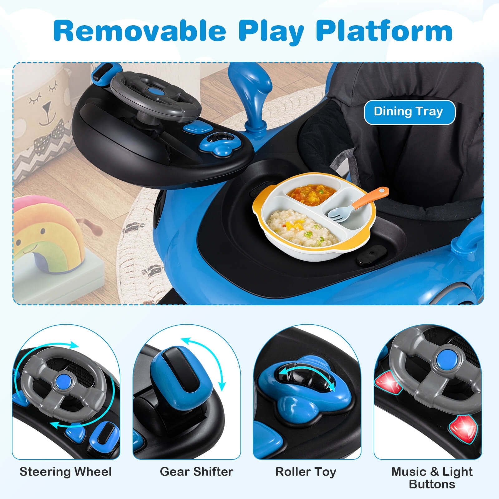 Babyjoy 6-in-1 Baby Walker with Canopy, Music, Lights, Speed/Height Adjustment & Wheels Blue + Black
