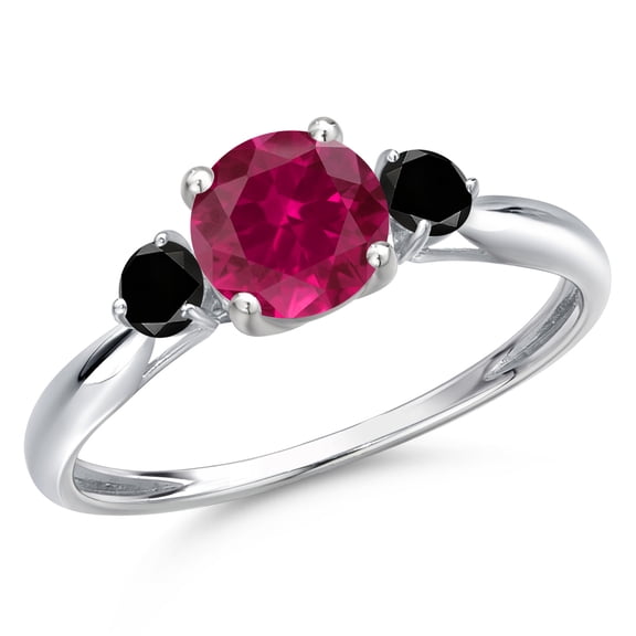 Gem Stone King 10K White Gold Red Created Ruby and Black Diamond 3-Stone Ring for Women | 1.20 Cttw | Round 6MM | Gemstone July Birthstone | Size 8