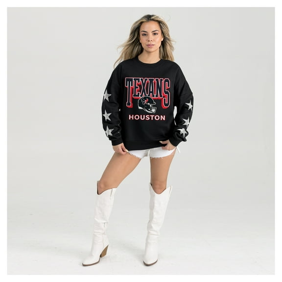 Women's Gameday Couture Black Houston Texans Pure Victory Rhinestud Star-Sleeve Pullover Sweatshirt
