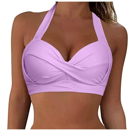 Hessimy Women Halter Bikini Top Push Up Swimsuit Top Retro Swim Top Twist Front Bathing Suit Top Only(Purple XXL)
