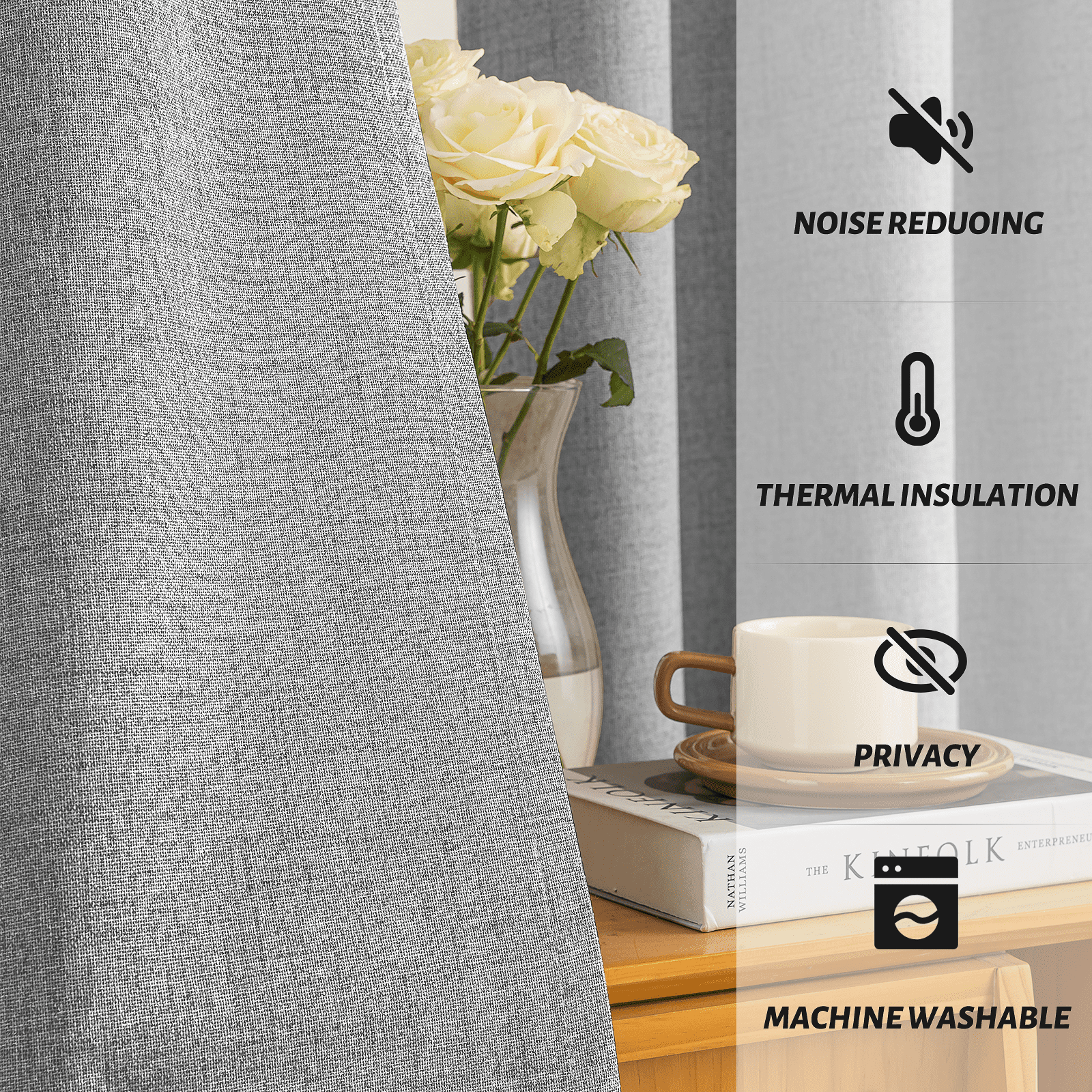 Yakamok 100% Blackout Dove Grey Linen Curtains 90 Inches Long for Living Room, Room Darkening Textured Curtains for Bedroom with White Liner 2 Panels